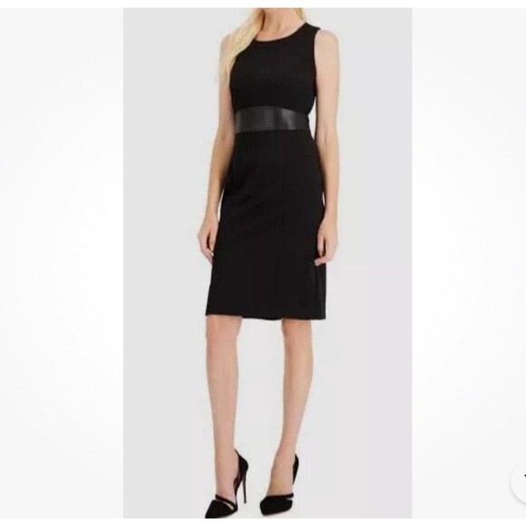 NWT Kasper Women's Black Sleeveless Faux Trim KneeLength Sheath Dress Size 10P - Picture 1 of 13